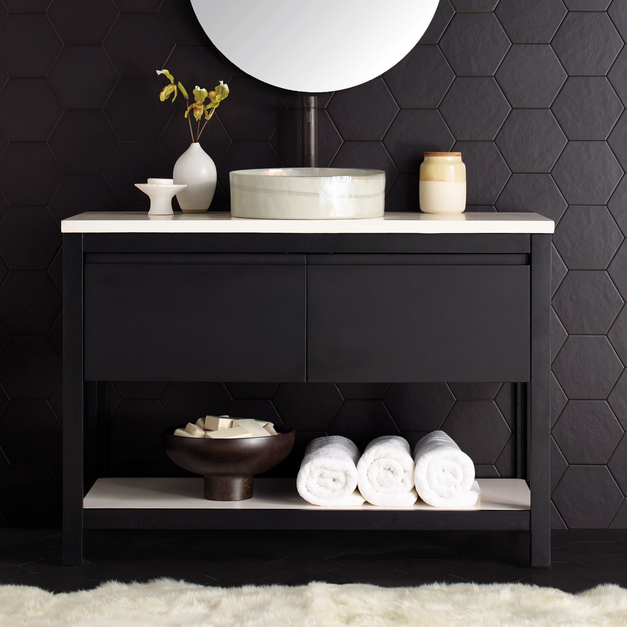 Transitional Solace 48" Midnight Oak Freestanding Vanity Base with Pearl Shelf