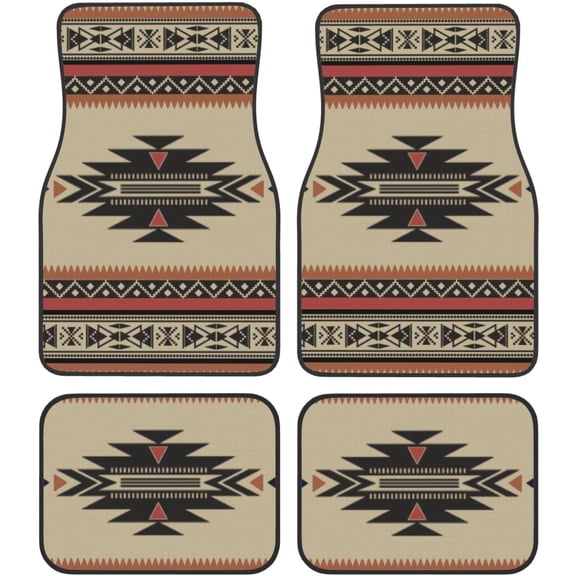 Native Tribal Woven Browns Black 4-Piece Car Floor Mat Set, Waterproof Non-Slip Front and Rear Liners for Cars, SUVs and Trucks