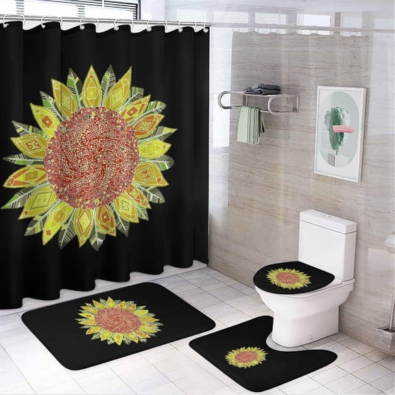 Native USA Sunflower Field 4Pcs Shower Curtain Set Washable Bathroom Sets with Toilet Lid Cover and Non-Slip Rug Bath Accessories Decor