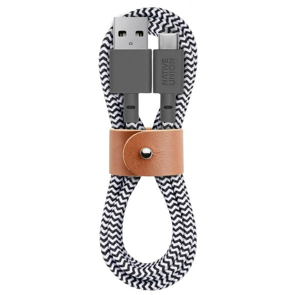 Open Box Native Union Belt Cable USB-C to USB-A - 4ft Ultra-Strong Cable with Leather Strap (Zebra)