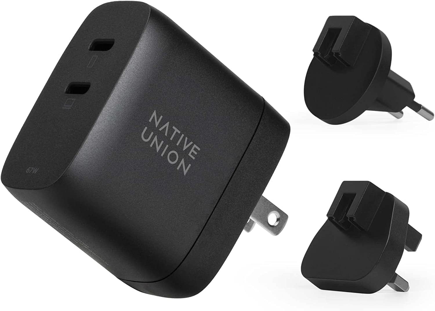 Native Union Fast GaN Charger PD 67W – USB-C Multi-Device Ports with US/CA, EU, UK Adapters (Black)