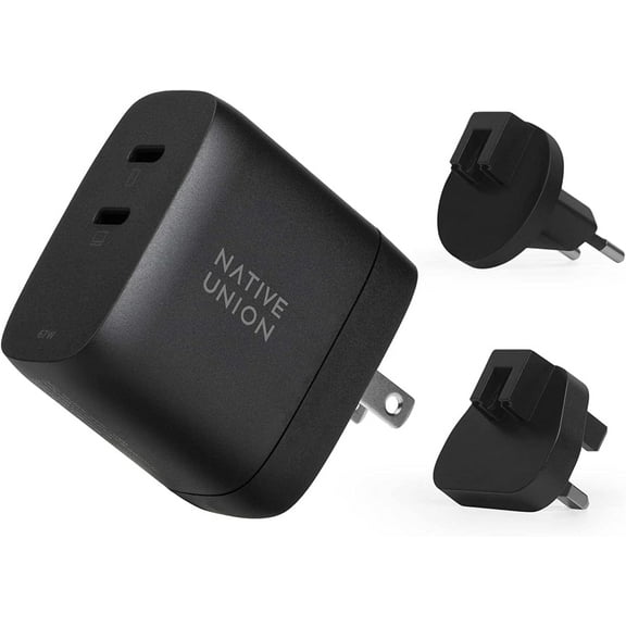 Native Union Fast GaN Charger PD 67W – USB-C Multi-Device Ports with US/CA, EU, UK Adapters (Black)