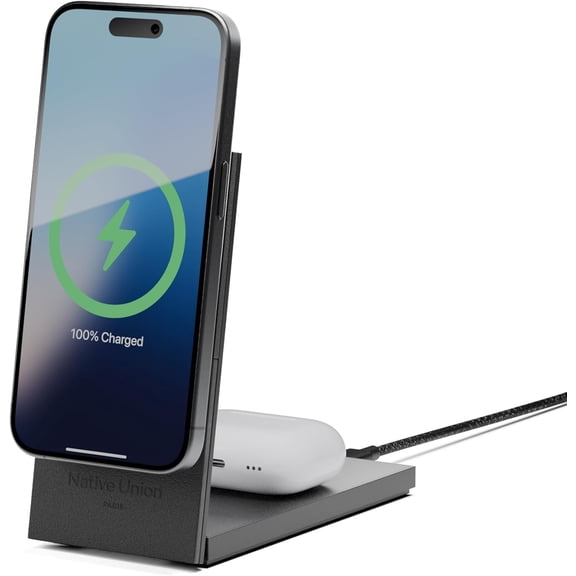 Native Union Rise 2-in-1 Magnetic Wireless Charger – 15W Fast Foldable Charging Stand (Black)
