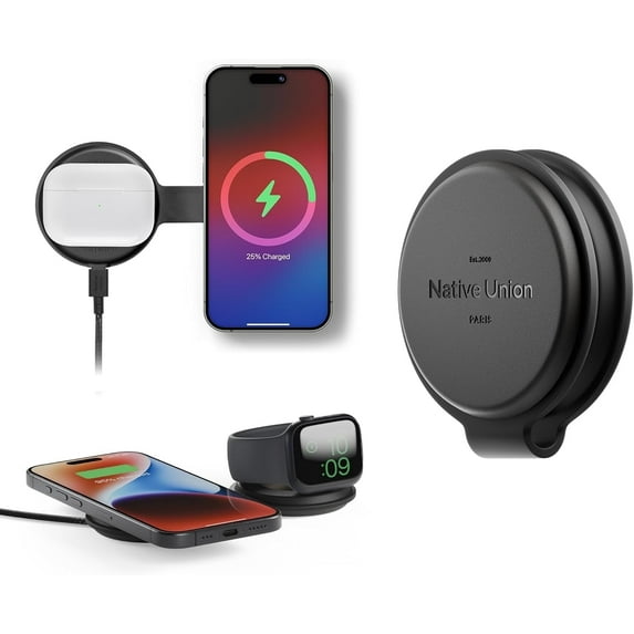 Native Union Voyage 2-in-1 Magnetic Wireless Charger – Foldable Travel MagSafe Charging (Black)