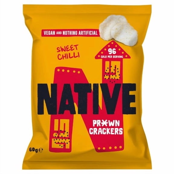 Native Vegan Prawn Crackers- Sweet Chilli Sharing Bag 60g, British Import (Pack of 6)