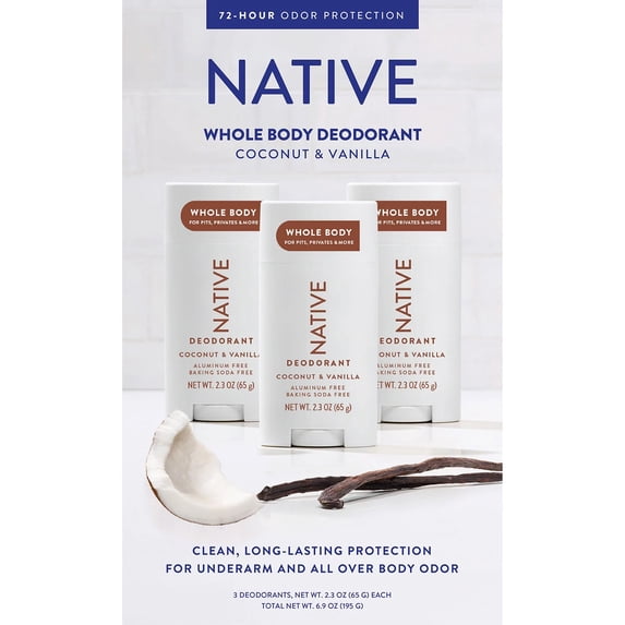 Native Whole Body Aluminum-Free Deodorant, Coconut & Vanilla, 2.3 Ounce ...