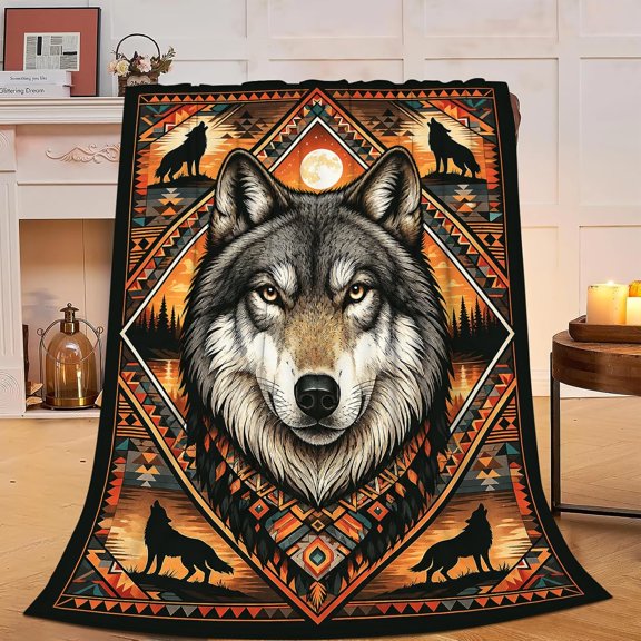Native Wolf Fleece Throw Blanket Boho Geometric Tribal Wildlife Soft Warm Bed Blanket for Couch