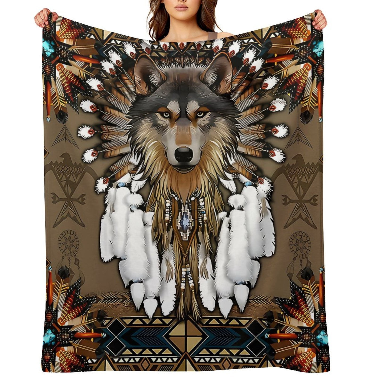 Native Pork Native Wolf HeaddressWrinkle Resistant Flannel Throw Blanket ...