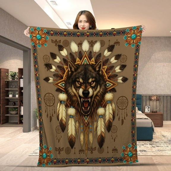 Native Wolf Tribal Spirit Blanket – Boho Western Style Throw with Feathers and Dreamcatcher Design – Soft Cozy Fleece for Bed, Couch, or Camping