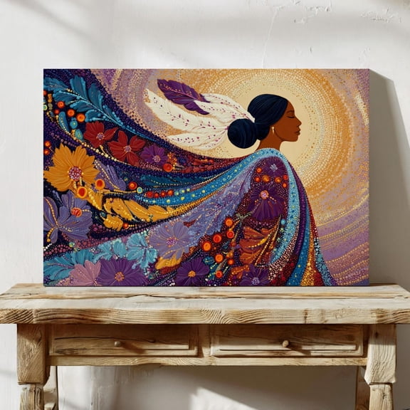 Native Woman Art Feathered Hair Floral Shawl Boho Decor UNFRAMED PAPER POSTER, Home Decor