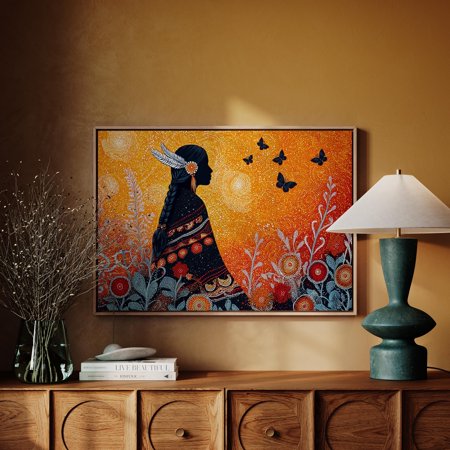 Native Woman Silhouette Art Poster Dot Painted Sunset With Butterflies And Braided Hair In Traditional Indigenous Floral Patterned , Poster Print Only