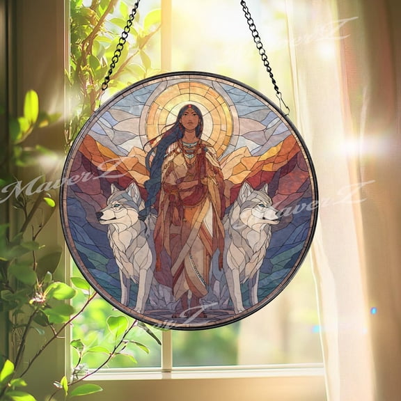 Native Woman Wolf Glass Suncatcher, Spiritual Guardian Art, Boho, 3.5 in