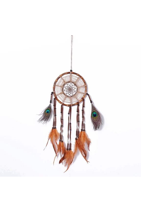 Native style Bamboo Ring Woven Net/Web with Feather Boho Wall Hanging Decoration with Beads for Home Offices Amulet Ornament Orange 720x180mm Pendant: 510mm long