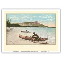 Native with Outrigger Canoe (Wa’a) - Honolulu Hawaii - Vintage Hawaiian Color Postcard c.1910s - Master Art Print (Unframed) 9in x 12in