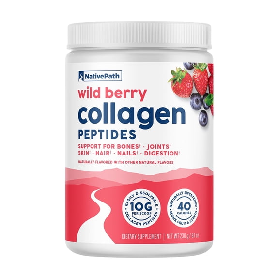 NativePath Wild Berry Collagen Peptides Powder, Grass-Fed Type 1 & 3, 20 Servings