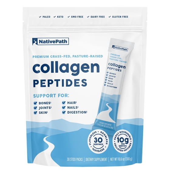 NativePath Collagen Peptides Stick Packs, Grass-Fed Type 1 and 3, Unflavored Travel Packets, 30 Count