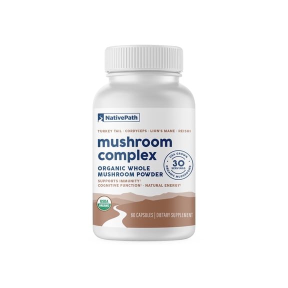 NativePath Organic Mushroom Complex, Lions Mane, Turkey Tail, Cordyceps and Reishi, 60 Capsules