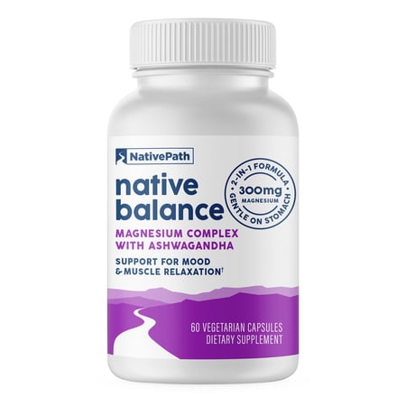 NativePath Magnesium with Ashwagandha, Native Balance High-Absorption Glycinate for Calm & Sleep, 60 Capsules