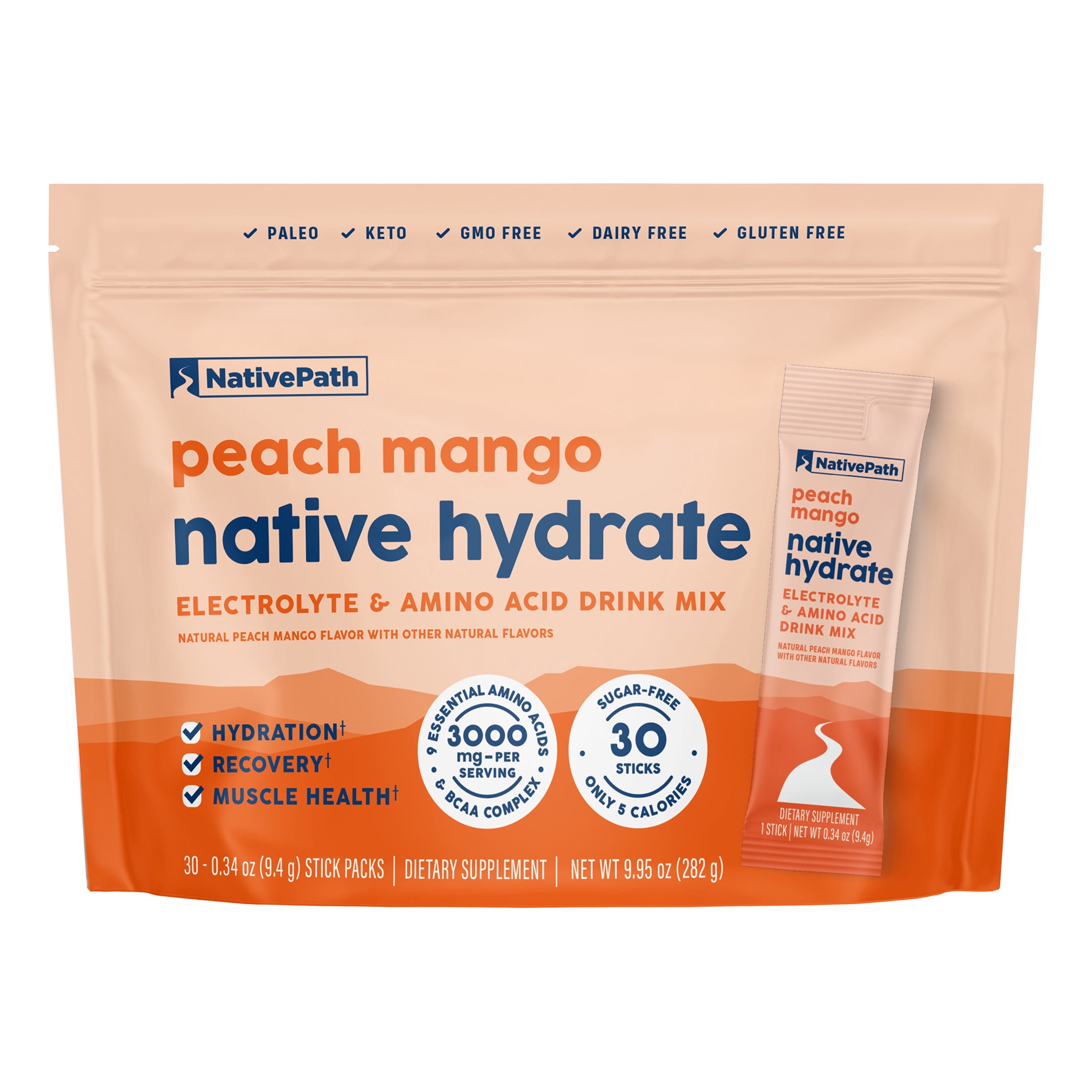 NativePath Hydrate Electrolyte Stick Packs, Peach Mango, Zero Sugar with BCAAs, 30 Count
