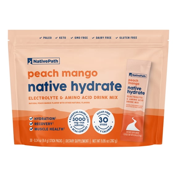 NativePath Hydrate Electrolyte Stick Packets Peach Mango, Zero Sugar, BCAAs, Keto, 30 Count