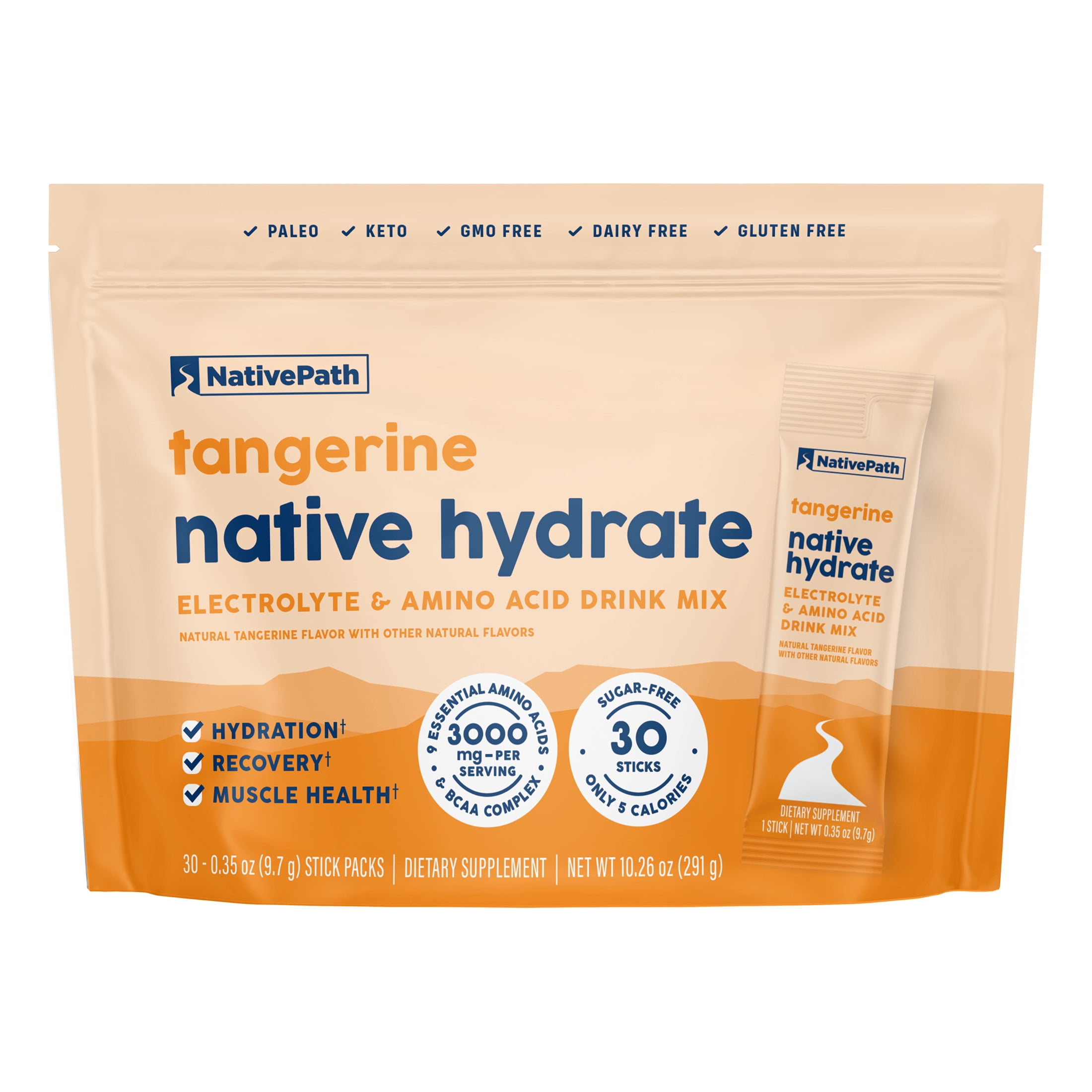 NativePath Hydrate Electrolyte Stick Packs, Tangerine, Zero Sugar with BCAAs, 30 Count