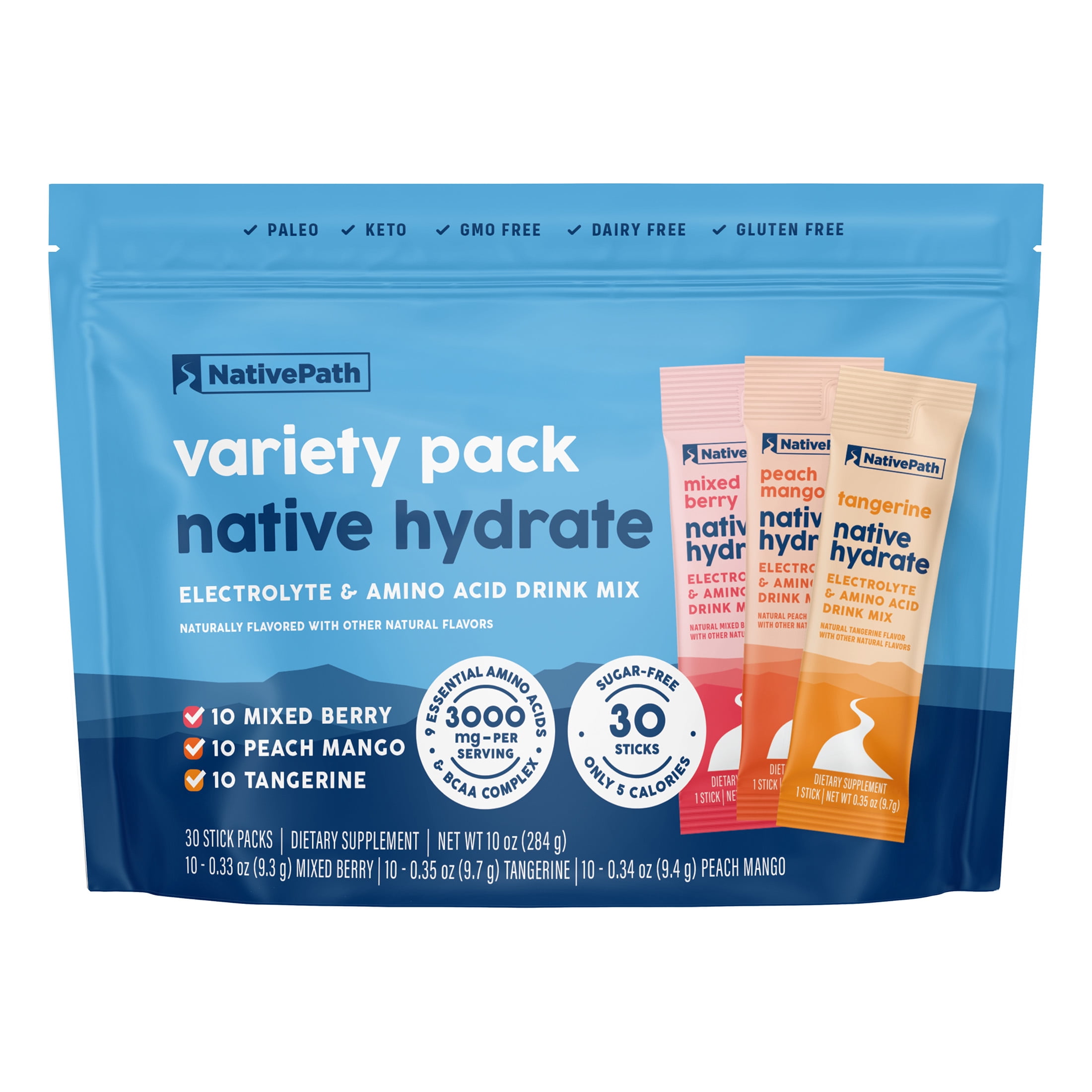 NativePath Hydrate Electrolyte Stick Packs Variety Pack, Zero Sugar with BCAAs, 30 Count