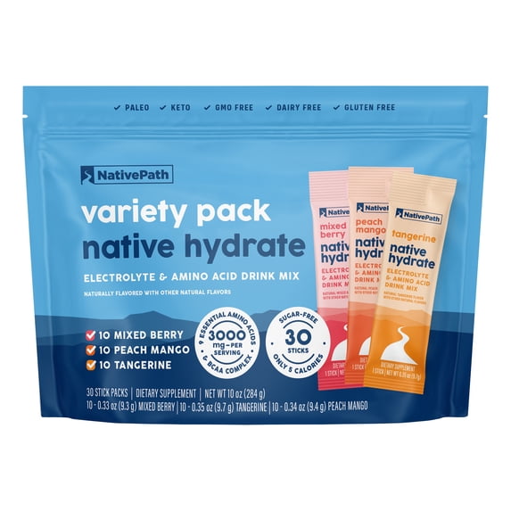 NativePath Hydrate Electrolyte Stick Packs Variety, Mixed Berry, Peach Mango, Tangerine, Zero Sugar, BCAAs, Amino Acids, 30 Count