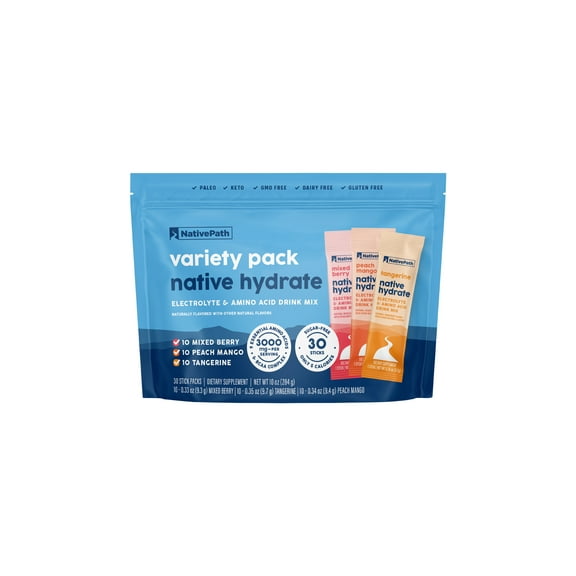 NativePath Hydrate Electrolyte Stick Packs Variety 3 Flavors, Zero Sugar, 30 Count