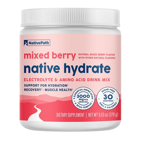 NativePath Hydrate Electrolyte Powder, Mixed Berry, Zero Sugar Drink Mix with BCAAs, 30 Servings