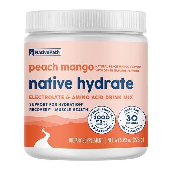 NativePath Hydrate Electrolyte Powder, Peach Mango, Zero Sugar Drink Mix with BCAAs, 30 Servings