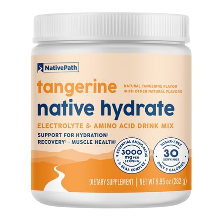 NativePath Hydrate Electrolyte Powder, Tangerine, Zero Sugar Drink Mix with BCAAs, 30 Servings