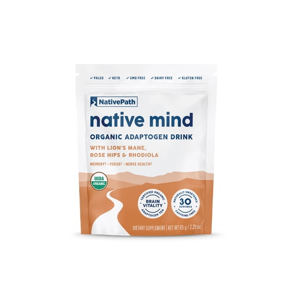 NativePath Native Mind Mushroom Tea, Organic Lions Mane, Adaptogens, Focus Support, 30 Servings