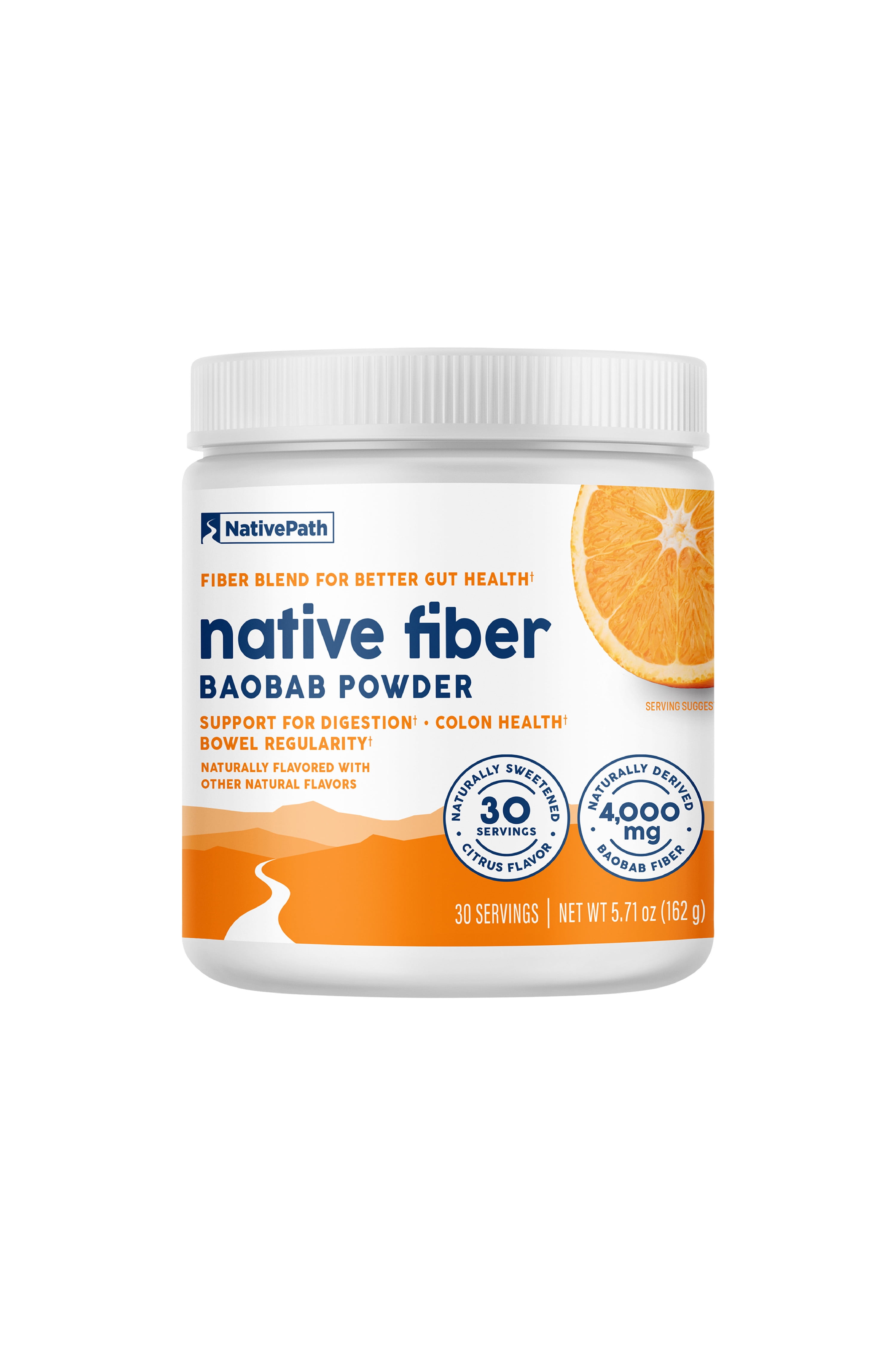 NativePath Organic Baobab Prebiotic Fiber Powder with L-Glutamine, Orange, Sugar-Free, 30 Servings