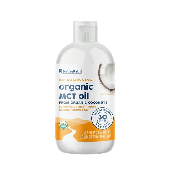 NativePath Organic MCT Oil Liquid, Pure C8 C10 from Coconut, 16 oz, 30 Servings