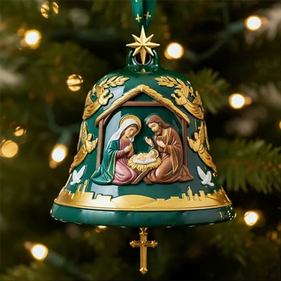 Nativity Bell Christmas Ornament, Embossed Holy Family Bell Pendant, Religious Hanging Decor for Tree Mantel Indoor Holiday Display