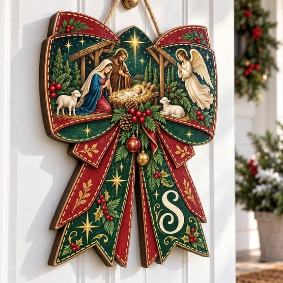 Nativity Bow Wooden Sign, Initial Door Hanger for Christmas