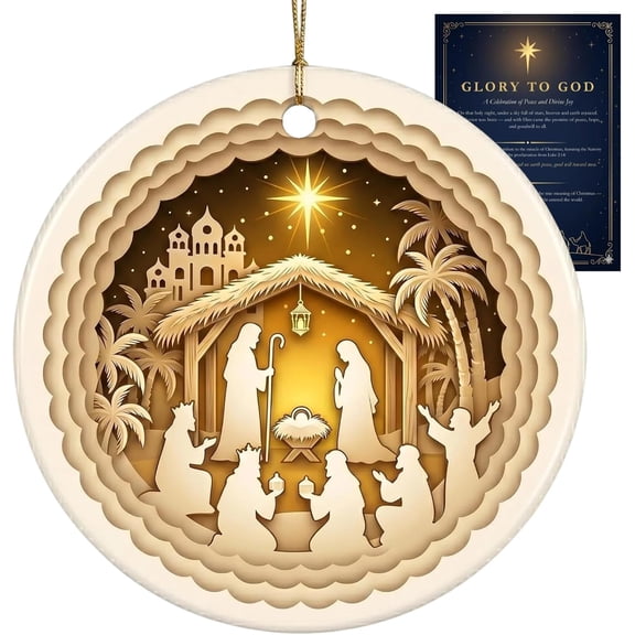 Nativity Ceramic Christmas Ornament, Christian Manger Keepsake with Jesus