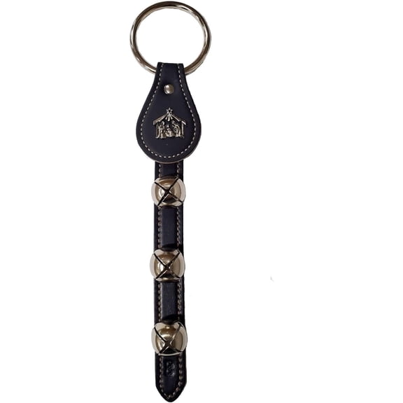 Nativity Charm Navy Blue Leather Strap Sleigh Bell Door Hanger 12 In Made in USA