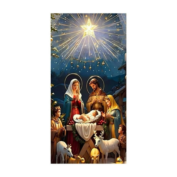 Nativity Christmas Door Cover Decorations - Jesus Holy Night Banner Religious Xmas Scene Sheep Front Door Cover Banner Backdrop for Holiday Farmhouse Decor,78.74x35.43in