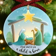 Nativity Christmas Ornament Acrylic Religious Tree Decoration Holy Family Bethlehem Star Stained Glass Look Christian Gift for Church Home Office Holiday Season Mantel Tree Home Garden Patio Porch