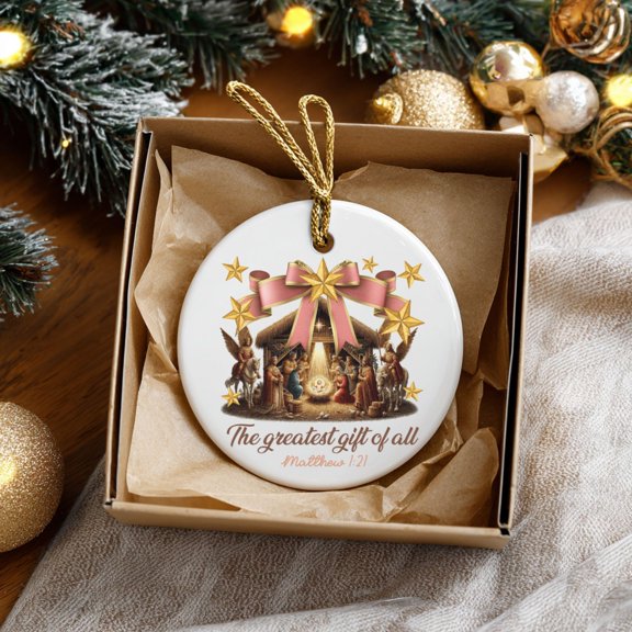 Nativity Christmas Ornament Matthew 1 21 Christmas Gift Starry Bow Greatest Gift Ceramic Faith 2D FLAT CIRCLE Ceramic Ornament