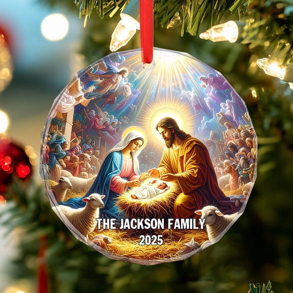 Nativity Christmas Ornament Personalized – Custom Family Name & Year – Heart & Round Glass Ornament Keepsake with Gift Box – Holy Family Nativity Scene Decoration