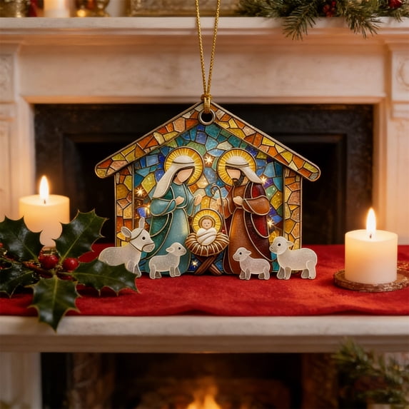 Nativity Christmas Ornaments - 2D Sea Glass Holiday Pendant, Religious Manger Scene Decoration, Coastal Style Christian Keepsake, Sacred Family Art Charm, Home Kitchen, Hanging Decor