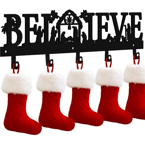 Nativity Christmas Stocking Holder for Wall with 5 Hangers Metal Christmas Stocking Wall Hanger Mantel Rack Hanging Mount Hook for Holiday Xmas Fireplace Decoration, Black(Believe)