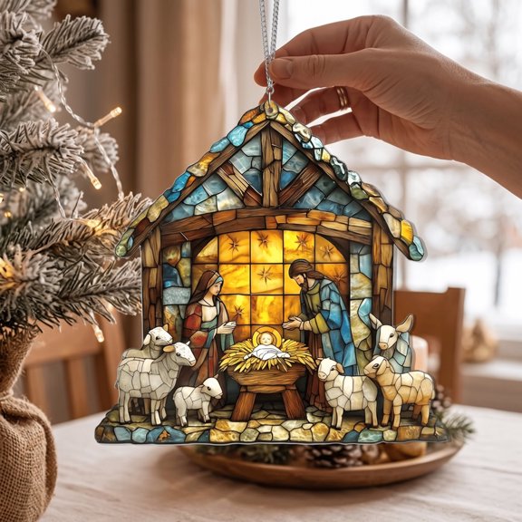 Nativity Christmas Suncatcher Decorative Pendant, Plastic Hanging Ornament for Window, Tree, Kitchen or Breakfast Room, Warm Light Reflection