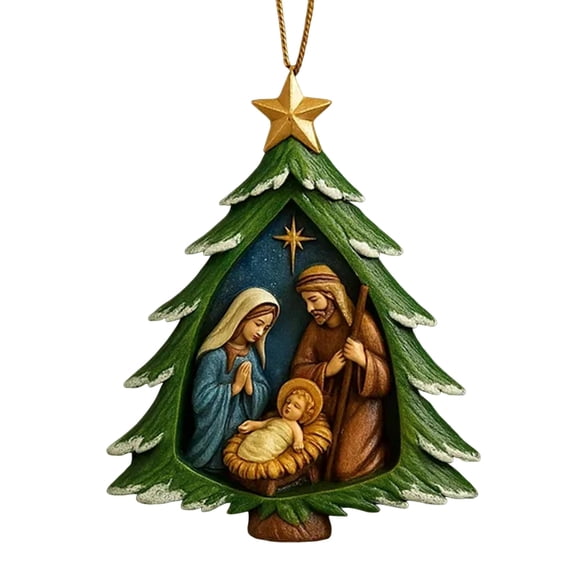 Nativity Christmas Tree Ornament Holy Family Pendant Featuring Mary, Joseph & Baby Jesus with Star-Topped Tree Religious Holiday Decoration for Home & Gift