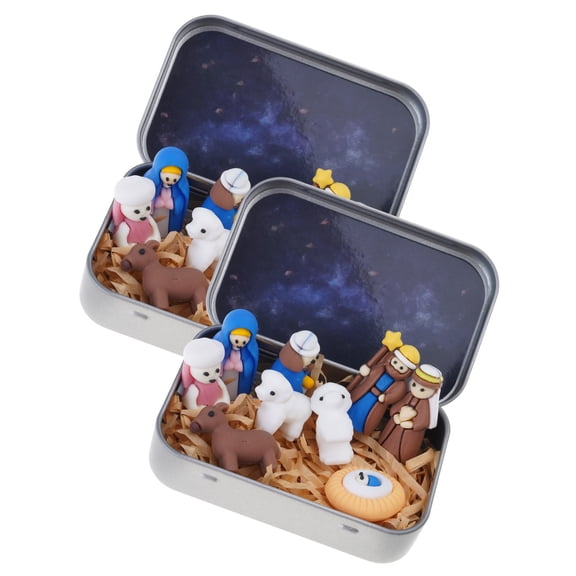 Nativity Decoration In a Tin Box Bethlehem Scene Detailed Handmade Craft For Desktop Church Or Travel Use