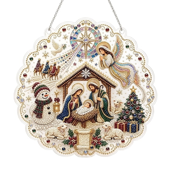 Nativity Diamond Art Sun Catcher for Christmas Decorations, 2D Acrylic Vintage Pearl Art Pendant for Window and Xmas Tree, Holiday Party Hanging Decoration, Christmas Gift, 7.87 Inch