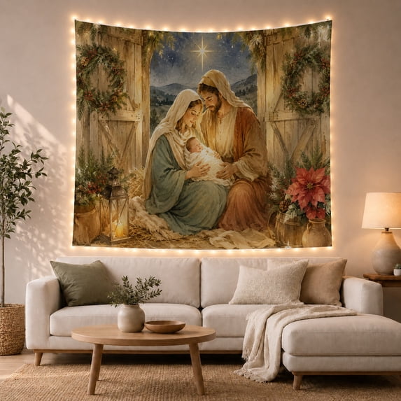 Nativity Family Before Barn Doors Peaceful Painterly Style for Christmas Decor Lovers Christian Wall Decor Christmas Gift Tapestry Wall Hanging for Bedroom, Living Room and Hallway