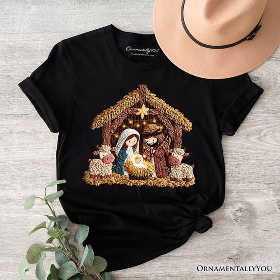 Nativity Holy Family Jesus Christmas T-Shirt, Imitation Latch Hook Yarn Cozy Christian Tee